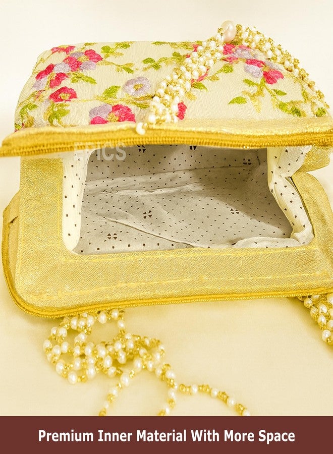 Epics Elegant Embroidered Floral Clutch for Women - Premium Pearl Handle Wedding Party Bag with Rich Multi-Color Threadwork, Golden Base & Zip Closure - Perfect for Bridal, Festive & Gifting Purposes - Image 4